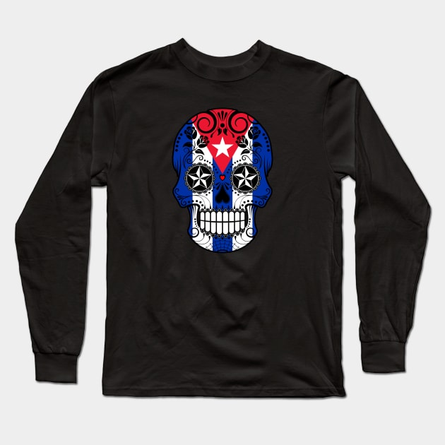 Cuban Flag Sugar Skull with Roses Long Sleeve T-Shirt by jeffbartels